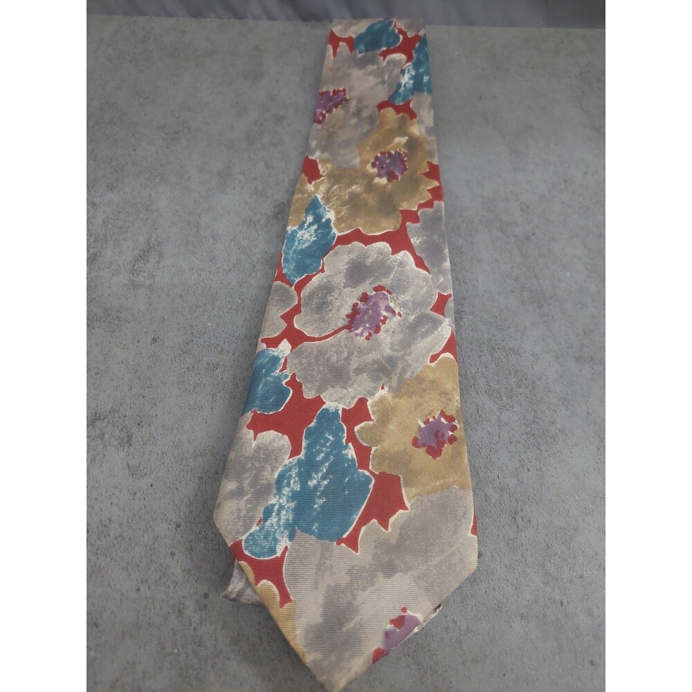 Schreter Extra Long Silk Tie Floral Look Burgandy Grey Gold Teal